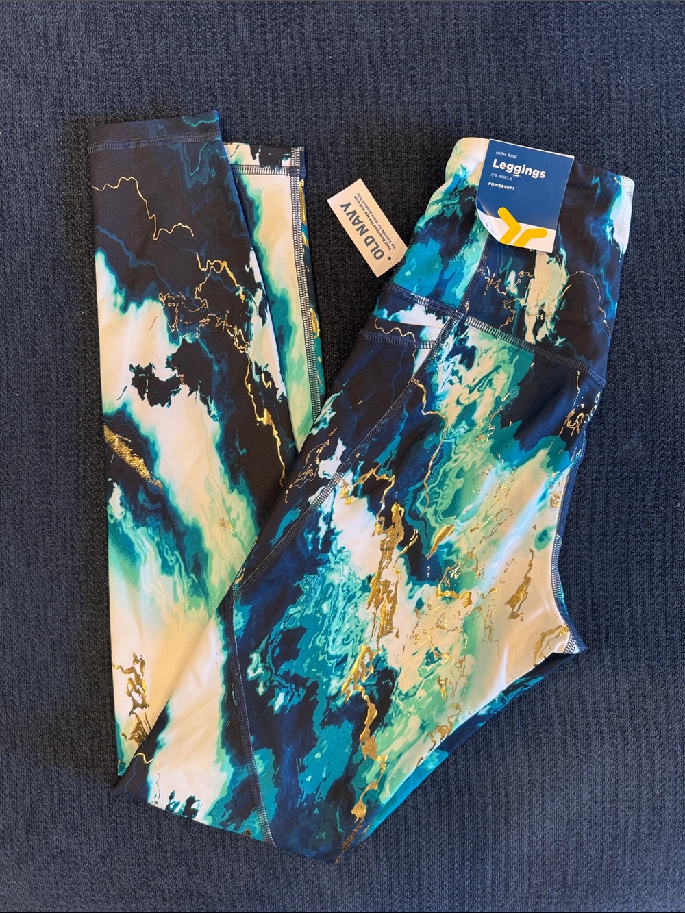 Old Navy High Rise 7/8 ankle powersoft Teal, Navy & Gold Marble-Print Leggings